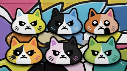 Whimsical mural with abstract feline characters