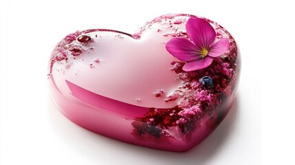 Heart-shaped pink mirror glaze mousse cake adorned with floral decoration, perfect for Valentine's Day promotions and enticing customers.