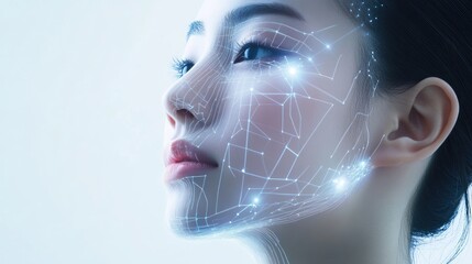 Futuristic Facial Treatment Featuring Cybernetic Glow and Geometric Light Patterns on a Woman's Face