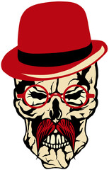Fototapeta premium Tête de mort à moustache hipster skull moustachu et crane lunette chapeau melon