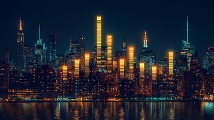 Fototapeta premium Urban skyline with financial growth graph at night under starry sky