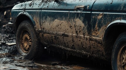 Fototapeta premium A muddy car partially submerged in a wet, muddy environment.