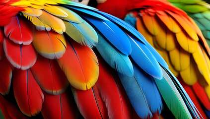 Obraz premium Close up parrot feathers, multicolored macaw feathers.