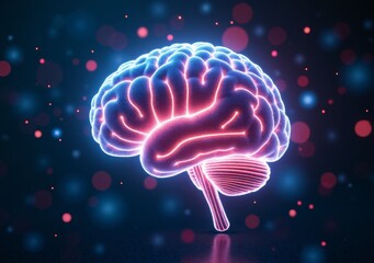 Neon brain illustration demonstrating synapses and neural connections at night