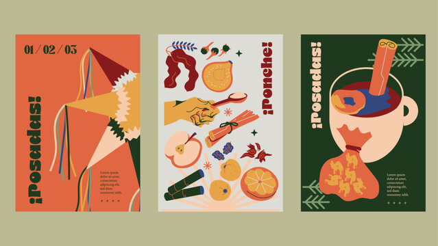 Set de templat de elementos mexicanos Ponche de Navidad, d&iacute;a de reyes, posadas navide&ntilde;as, ponche y A&ntilde;o Nuevo. Ilustraci&oacute;n vectorial para template, postcard, invitaci&oacute;n, material de marketing.