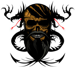Tête de mort à moustache et barbe hipster skull moustachu et crane barbu dragon tribal
