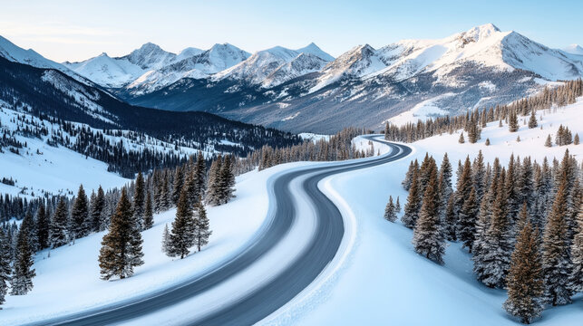 Scenic winter landscape with winding snowy road through pine forest and distant snow-capped mountain peaks under clear blue sky. - Powered by Adobe