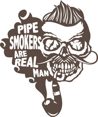 Tête de mort à moustache hipster skull moustachu et crane coiffé pipe et slogan