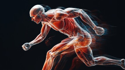 An artistic rendering of the human body in motion, with visible muscles and veins, illustrating the dynamic nature of human anatomy during physical activity