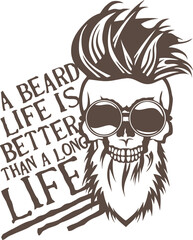 Tête de mort à barbe hipster skull et crane barbu coiffure lunette de soleil ronde et citation
