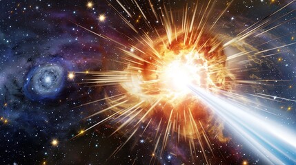 Naklejka premium Big Bang colorful space galaxy fog cloud nebula. Universe science astronomy and stary night cosmos mockup background. Supernova concept wallpaper