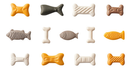 Assorted pet treats shaped like bones and fish in various colors
