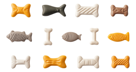 Assorted pet treats shaped like bones and fish in various colors