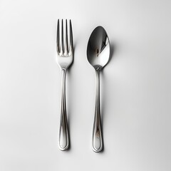 Elegant Silver Fork and Spoon Set on a Plain Background for Culinary Presentation, Dining Setup, or Table Decor Inspiration in Restaurant or Home Environment