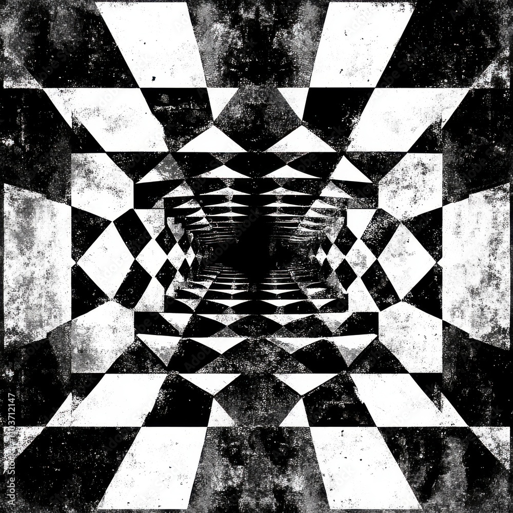 Poster intricate black and white geometric pattern creating an illusion of depth and movement.