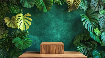 Wooden podium set against vibrant tropical leaves on a rich green wall, creating a lush and inviting presentation backdrop.