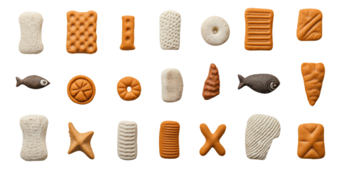Assorted pet treats in various shapes and colors on white background.