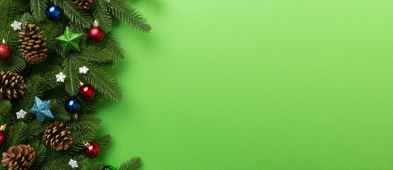 Christmas background with fir branches and Christmas decor. Top view, copy space for text