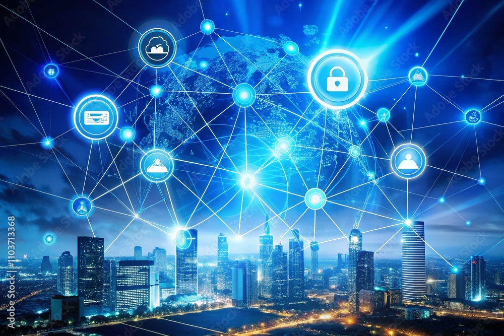 Poster modern communications symbols in azure hues representing digital connectivity and information exchan