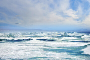 Outdoor, natural and ocean with tide, waves and destination for travel getaway and rough seas. Island tourism, outside and beach with scenic nature for paradise or vacation adventure in Indonesia