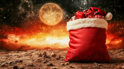 A large open Santa Claus bag with gifts against a sci-fi sunset and starry sky.