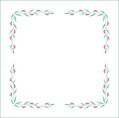 Vegetal green floral frame with pink berries, green frame, decorative corners for greeting cards, banners, business cards, invitations, menus. Isolated vector illustration.	
