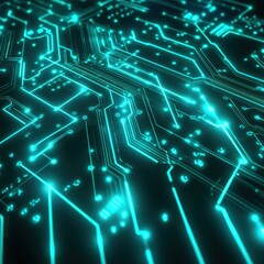 A close-up view of glowing blue circuit board patterns, conveying a futuristic technological vibe.