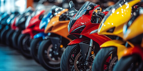 Fototapeta premium Vibrant Sportbikes Showroom, Sleek Motorcycles Displayed in a Row, Showcasing Colorful Designs and Powerful Engines.