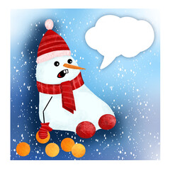 A snowman in a red hat, scarf and mittens sits and holds tangerines on the eve of the New Year. Design for a New Year's card on a blue background with a cloud for thoughts.