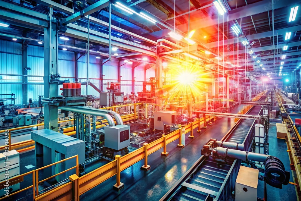 Poster modern factory with digital data overlay showcasing automation and advanced technology in a macro ph