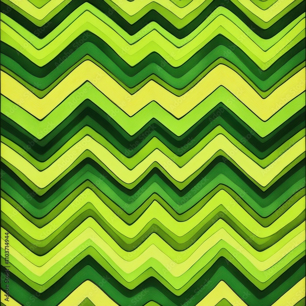 Poster a vibrant abstract pattern featuring zigzag green waves in varying shades, creating a lively and dyn