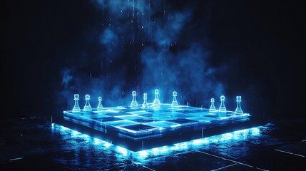 Floating Liquid Light Chessboard Suspended Above Glowing Platform