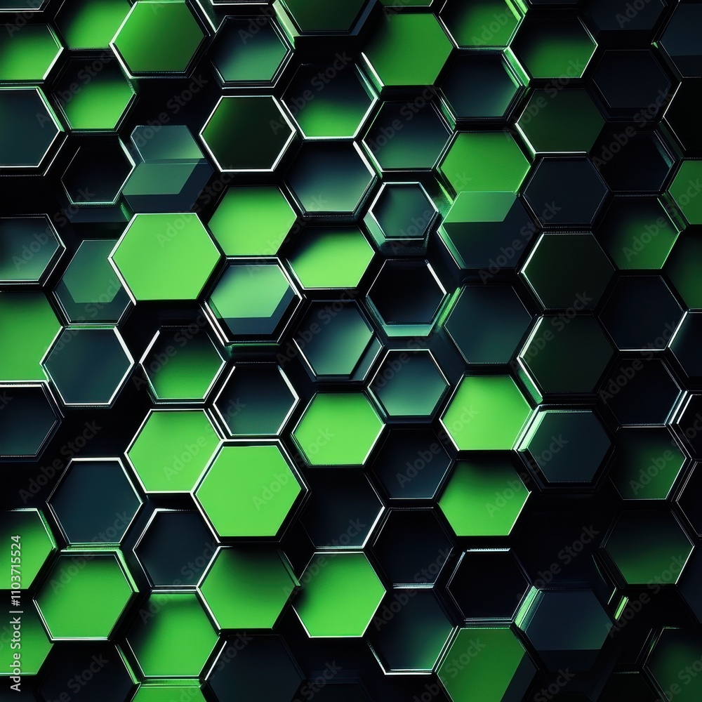 Poster a vibrant abstract pattern of intertwined hexagons in shades of green and black, creating a dynamic 