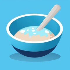 A Colorful Bowl of Wholesome Food Filling, Perfectly Blended with a Wooden Spoon, Set Against a Bright Cyan Background for a Cheerful Kitchen Atmosphere