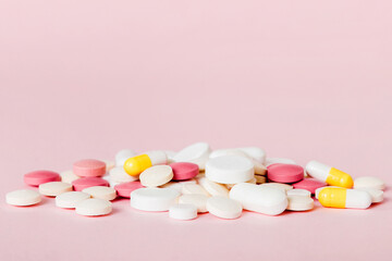 Many different colorful medication and pills perspective view. Set of many pills on colored background