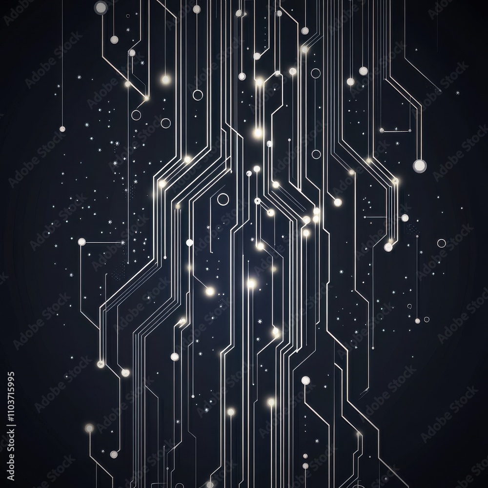 Poster abstract circuitry design with luminous lines and nodes on a dark background, symbolizing technology