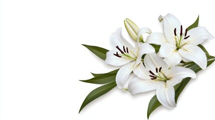Obraz premium A beautiful arrangement of white lilies with green leaves, perfect for celebrations, weddings, or as a symbol of purity and elegance.