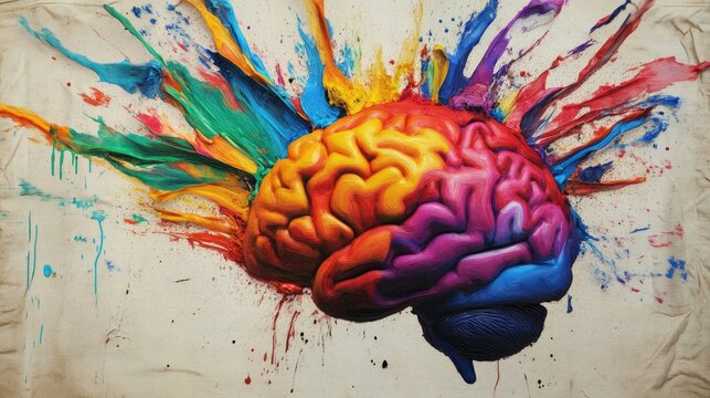 Vibrant artwork depicting a human brain exploding with colorful paint splashes, symbolizing creativity and cognitive energy.