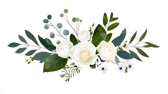 A beautiful arrangement of white roses and greenery, perfect for decoration or as a backdrop for special occasions.