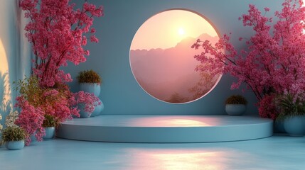 Serene Sunset Bloom: Minimalist Zen Garden with Pink Cherry Blossoms and Mountain View, Perfect for product showcases