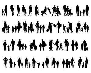 Black silhouettes of families in walk on a white background	