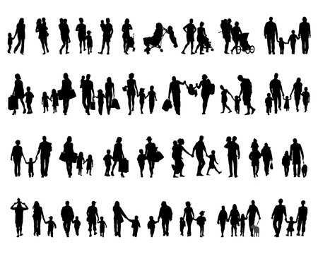 Black silhouettes of families in walk on a white background	