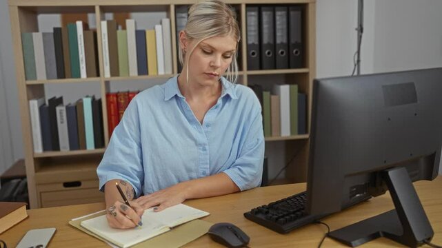 Young woman taking notes at a desk in an office environment with a computer and bookshelves in the background