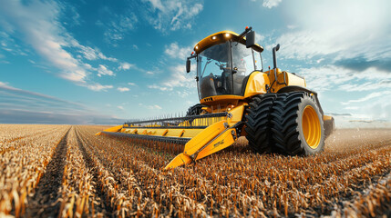 Fototapeta premium Farming machinery harvesting crops in golden field under blue sky