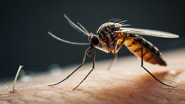 Close-Up of a Mosquito on Human Skin in the Wild, A Detailed Glimpse into Nature's Tiny Predator