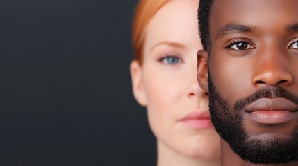 A stunning array of multicultural faces against a sleek dark backdrop, showing unity in diversity through different expressions and ethnic features, with soft shadows for emphasis 