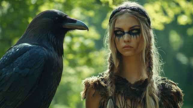 A young, beautiful Viking woman with long blond hair and black paint with a raven
