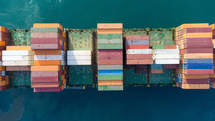 Aerial view of a vibrant cargo ship with colorful stacked containers, emphasizing global trade and...