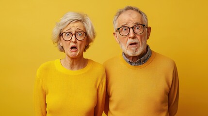 Surprised elderly couple with shocked expressions against yellow background
