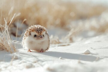 Adorable Hedgehog on Sandy Beach - Cute hedgehog strolling on a sandy beach, embodying serenity, nature, wildlife, cuteness, and peace.